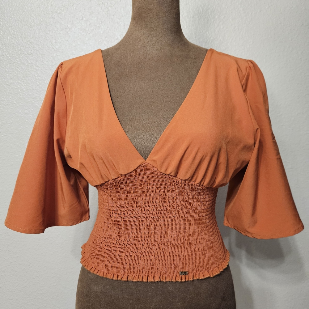 Cute EXIT Rust Orange Kimono Sleeve Top - Smocked Waist & Tie Back - S/M